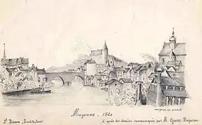 Mayenne en 1820, Le vieux pont avant les travaux de canalisation, dessin de Joseph Bisson (1899)