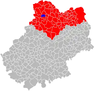 Carte indiquant l'emplacement de Mayrac en bleu dans son intercommunalité en rouge au sein du département du Lot.