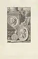 Photographie en noir et blanc d'une gravure montrant dans un paysage antique reconstitué, au pied d'une colonne et de divers vases et instruments anciens, deux médaillons.