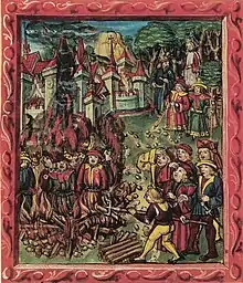 Juifs (identifiés par la rouelle obligatoire et le judenhut) brûlés lors de la peste noire en (1348) dans le Luzerner Schilling (ou Luzernerchronik, chronique de Lucerne ) est un manuscrit enluminé de , contenant la chronique de l'histoire de la Confédération suisse rédigée par Diebold Schilling le Jeune (1513).