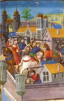 Peinture médiévale montrant plusieurs femmes armées et montées sur des chevaux de guerre.