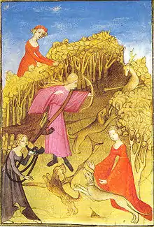 peinture médiévale représentant un groupe de femme chassant le cerf