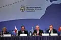 Les Premiers Ministres Salam Fayyad (Palestine), Lawrence Gonzi (Malte), Georges Papandréou (Grèce) et Recep Tayyip Erdoğan (Turquie) en sommet à l'Astir Palace de Vouliagméni, le 22 octobre 2010