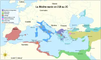 Carte de la Méditerranée. Rome en Italie, Carthage sur la côte africaine et ibérique, et les royaumes grecs en Orient.
