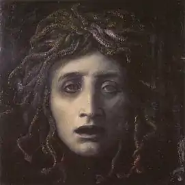 Tableau du masque de Méduse en teintes mauves. La jeune femme a la bouche ouverte et semble en profonde détresse.