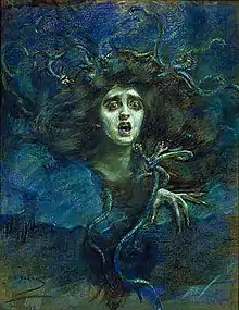 Tableau représentant une tête de femme saisie d'effroi avec des serpents dans les cheveux sur un fond bleu nuit.