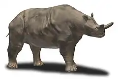 Restitution de † Megacerops sp, Mésaxonien brontothériidé, par le paléoartiste Nobu Tamura.