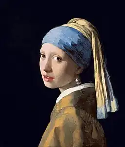 Peinture. Jeune femme portant un turban et une grosse perle à l'oreille et regardant le spectateur
