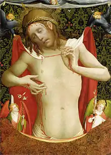 Tableau montrant un Christ recouvert par des anges d'un manteau, et touchant de ses mains percées sa plaie au côté.