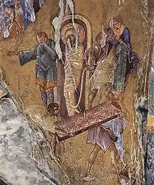 fresque endommagée : ouverture du tombeau d'une sainte dans un linceul