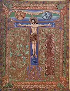 Folio 6v, page du Te igitur, le T reprenant la croix de la Crucifixion