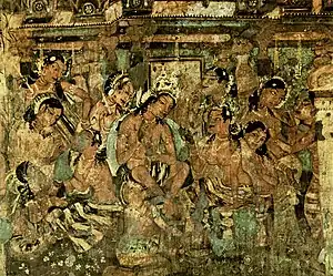 L'une des quatre fresques du Mahajanaka Jataka. Le roi annonce qu'il abdique pour devenir ascète.