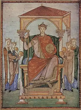 Enluminure représentant l'empereur Othon II, la plus ancienne enluminure du musée (983).