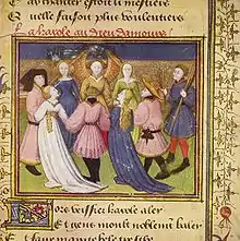 4 femmes et 3 hommes font la ronde avec un personnage ailé. À droite un homme tient des arcs et des flèches