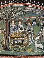 Mosaïque de l'épisode de Mamré à la basilique Saint-Vital (Ravenne) (fin du Ve siècle, début du VIe siècle).