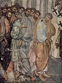 Détail de la fresque de la Dormition, saint Pierre et quelques apôtres.