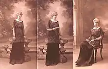 Trois photographies de Mel Bonis. À gauche, debout, adossée à une balustrade. Au centre, debout adossée à une balustrade, une feuille à la main. À droite, assise, des feuilles à la main.