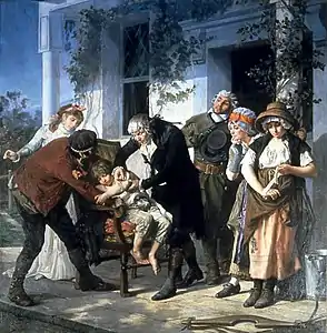 Le Docteur Edward Jenner (1749-1823) effectuant la première vaccination contre la variole en 1796 (1879), Paris, bibliothèque de l'Académie nationale de médecine.