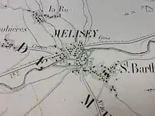 Carte ancienne de Mélisey matérialisant les bâtiment, les routes et cours d'eau.