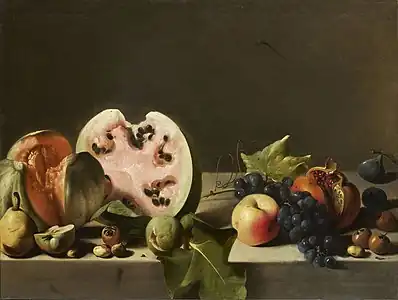 Melon, pastèque et fruits sur un entablement,  h/t, 56 × 72 cm, Paris, collection particulière.