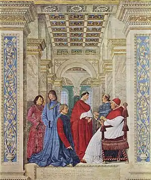  Image représentant dans une architecture classique le Pape face à l'humaniste Bartolomeo Platina à genoux devant lui, ainsi que les neveux du Pape et d'autres personnages.