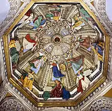 Fresque de la Basilique de Lorette, qui comprend l’une des premières vues en contre-plongée de l’Histoire de l’Art, est l’œuvre de Melozzo da Forlì.