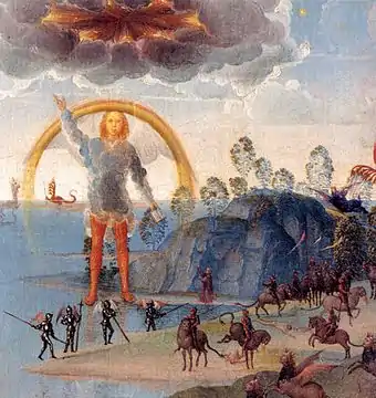 L'ange qui tient le manuscrit de l'apocalypse. Devant, une bataille entre cavaliers sur des montures monstrueuses.