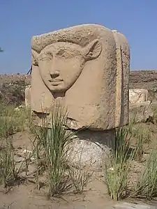 Vue d'un des chapiteaux hathoriques de la cour du temple d'Hathor de Memphis