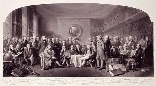 Gravure de George Zobel et William Walker d'après Men of Science Living in 1807-8 de Sir John Gilbert, Frederick John Skill, William Walker et Elizabeth Walker (née Reynolds). Gilbert est le huitième homme debout en partant de la gauche.
