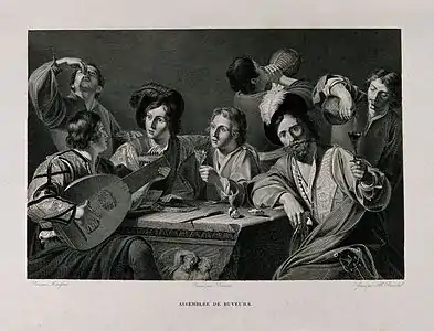 Hommes et garçons à une table en train de boire pendant qu'un musicien joue de la luth, gravure d'après Alexandre-Joseph Desenne et Bartolomeo Manfredi.