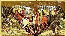 Manuscrit enluminé présentant deux armées montées, épées et lances à la main, à la bataille de Ménfő