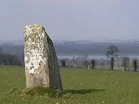 Le menhir de la Roche au Diable avec vue sur le mont Saint-Michel.