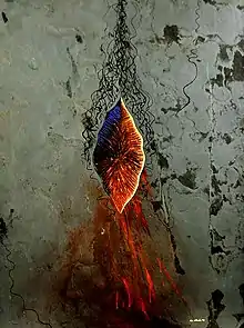 Photographie d'une roche grise sur laquelle ont été peintes des formes évoquant une vulve ouverte, ainsi que des poils pubiens noirs au-dessus et des projections de sang vers le bas.