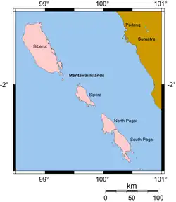 Carte des îles Mentawaï avec le détroit à l'est.