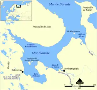 Carte de la mer Blanche avec la baie de Mezen au nord-est.