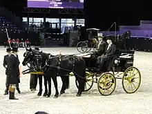 Dans une carrière intérieure, un attelage traditionnel présenté par des hommes en costume haut de forme est à l'arrêt; l'attelage est composé de deux chevaux noirs devant lesquels trois personnes sont stationnées; un écran géant et des tribunes sont à l'arrière-plan.