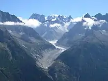 Vue contemporaine d'une vallée glaciaire avec son glacier largement recouvert de roches grises.