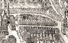 Le pont Marchand au premier plan (détail du plan de Merian de 1615) ; le pont au Change se trouve en arrière-plan.