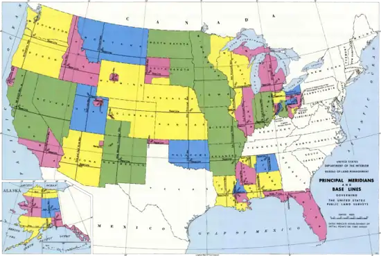 Carte des États-Unis où presque chaque État a ses propres repères pour réaliser le PLSS.