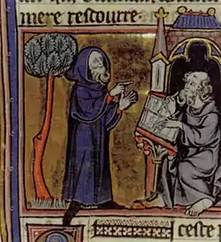 Un personnage debout en bleu, barbu montrant du doigt un scribe assis
