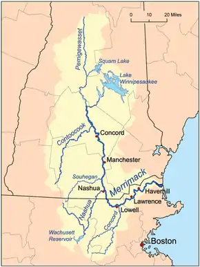 Le bassin du Merrimack dans le nord-est des États-Unis, avec la Contoocook dans sa partie nord.