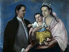 Attribué à Cristóbal Lozano (d), Mestizo, Mestiza, Mestizo, peinture de caste (1771-1776, musée national d'Anthropologie (es)).