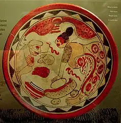 Plat maya figurant l'utilisation d'un metate pour broyer les fèves de cacao.Musée du chocolat, Bruges