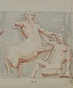 Gravure ancienne ; combat entre un homme et un centaure.