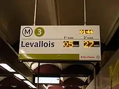 Ligne 3, 01 h 44Direction Levallois :- 1er train dans 5 minutes- 2e train dans 27 minutes.