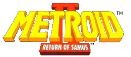 Metroid est écrit en grosses lettres de couleur jaune bordées de rouge et en arrière plan, II est écrit en grosses lettres de couleur rouge, collées l'une à l'autre. Dans les barres horizontales du bas du II, Return of Samus est inscrit en petites lettre blanches.