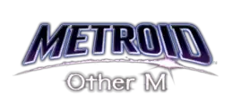 Metroid et Other M sont inscrits sur jeu ligne en lettres légèrement colorées de blanc et de violet sur un fond noir.