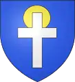 Blason théorique. D'azur à la croix latine d'argent nimbée d'or.