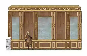 Restitution de la paroi nord de la chambre du petit appartement frais, vers 1704.