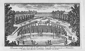 Le bassin de l'Ovale, jardins bas de Meudon. Vers 1690.